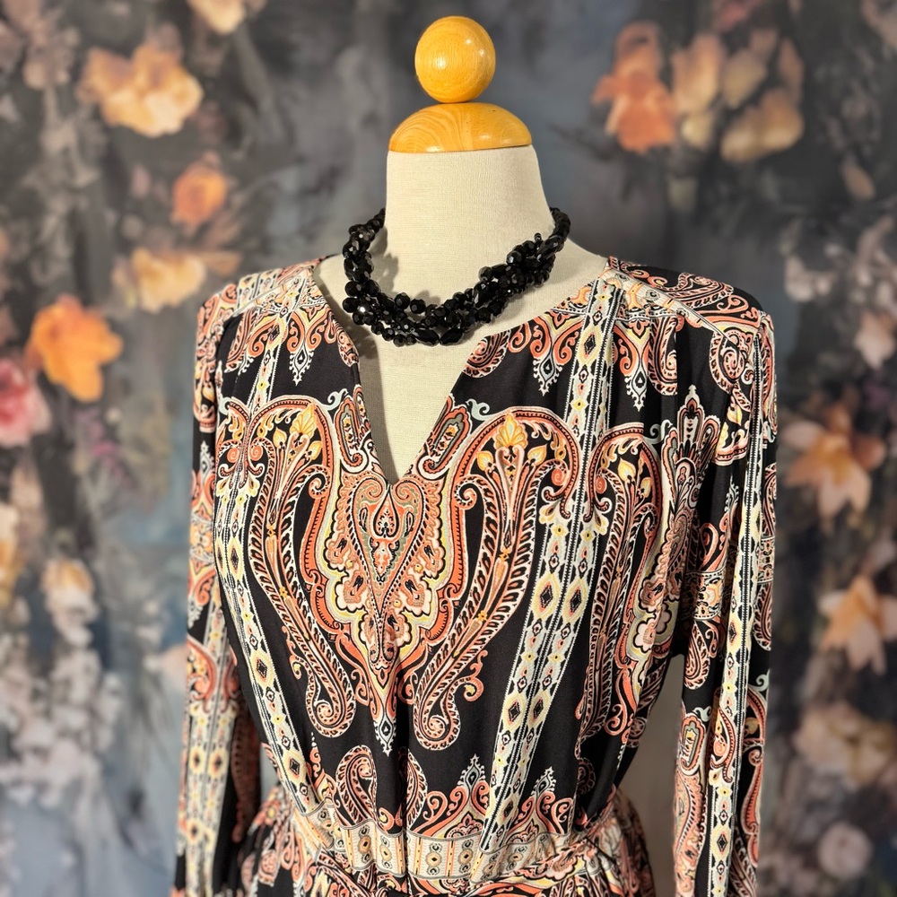 AUW Black Midi Dress with Peach Paisley Print - Picture 3 of 9